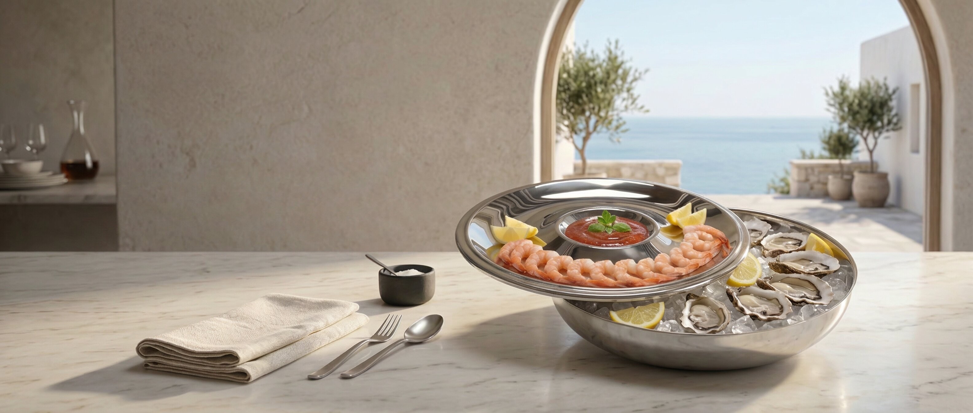 The Classic set with shrimp and oysters on ice, on a marble table above the sea