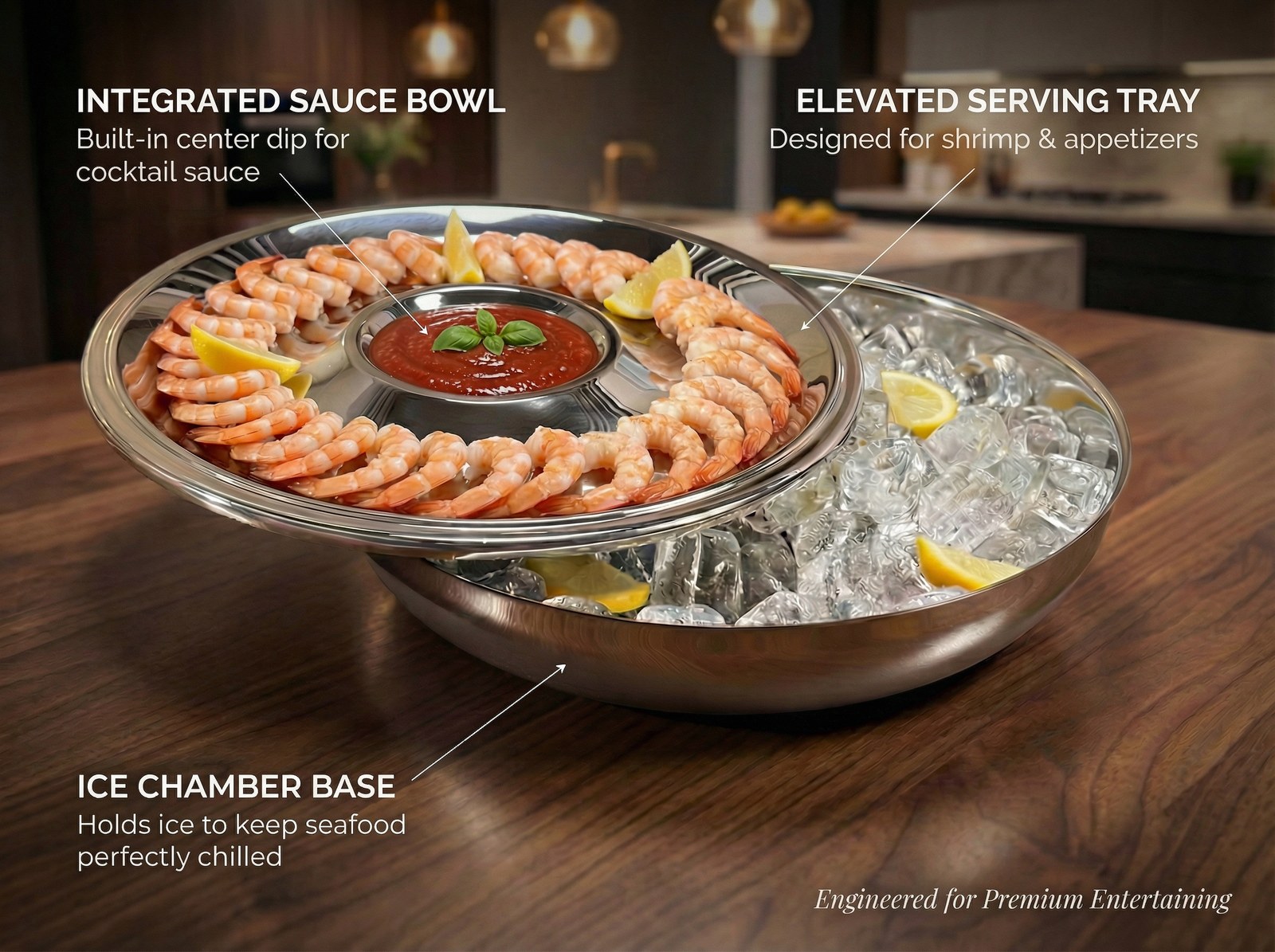 The Classic in use: single-piece serving tray with pressed centre recess for sauce, ice chamber below