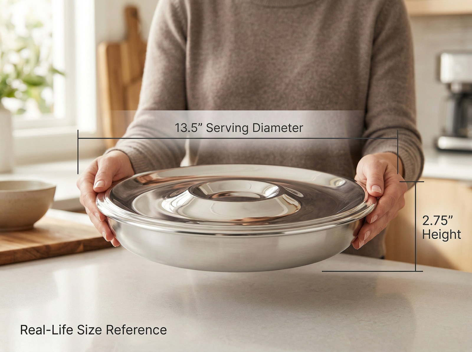 The Classic held in two hands, showing 13.5 inch diameter and 2.75 inch height