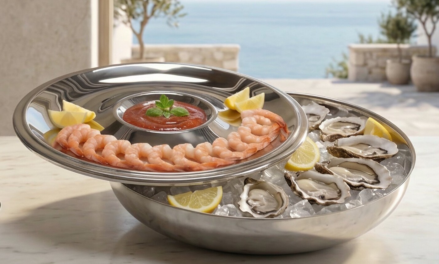 The Classic in use, shrimp and oysters over ice with cocktail sauce in the pressed centre