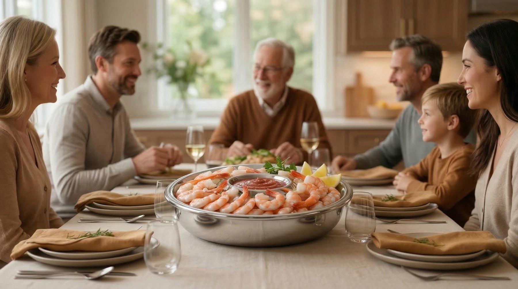 A family sharing a shrimp platter served on The Classic